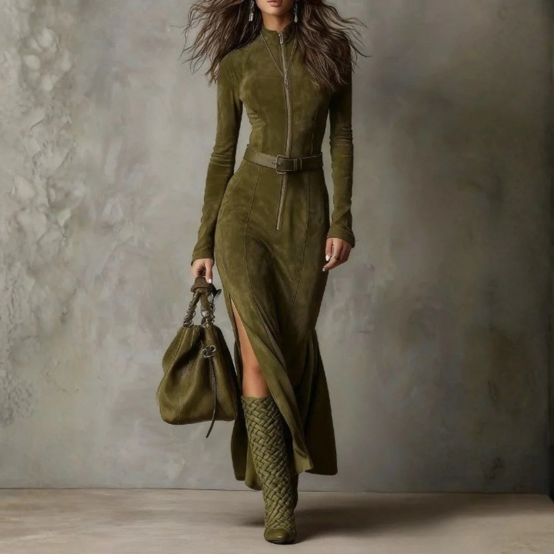 VALERIA - Suede Long Sleeve Midi Dress
