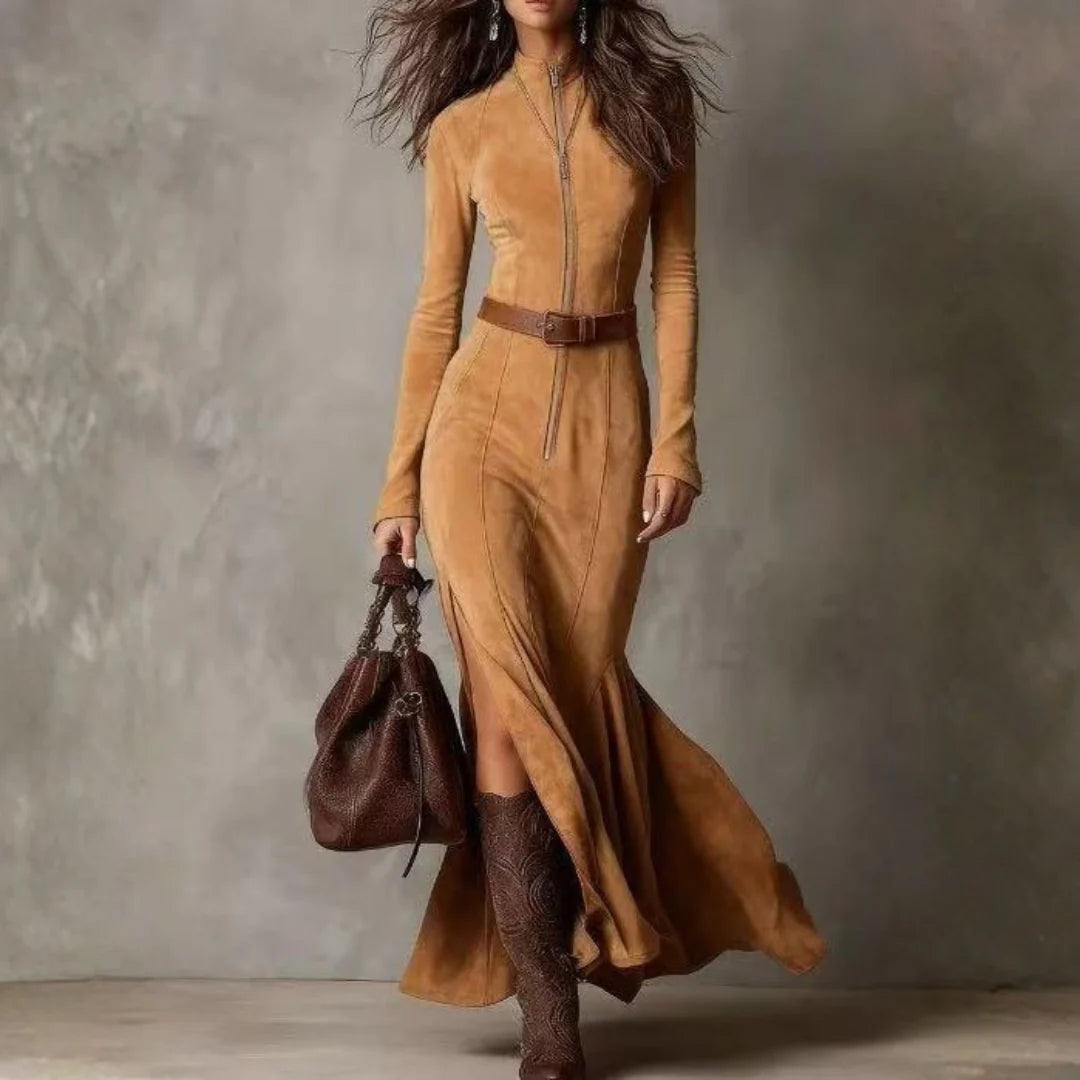 VALERIA - Suede Long Sleeve Midi Dress