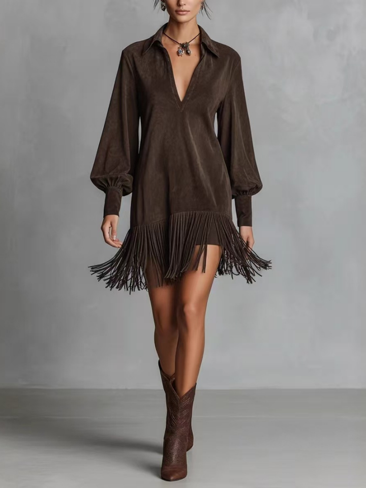 VALERIA – Fringe Hem V-Neck Mini Dress