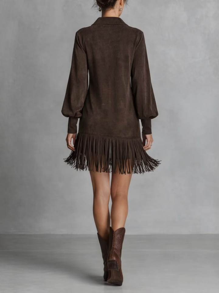 VALERIA – Fringe Hem V-Neck Mini Dress