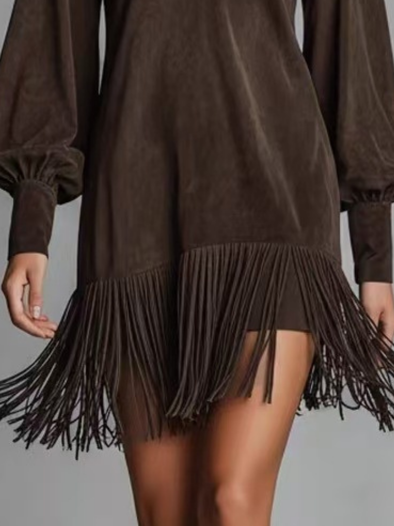 VALERIA – Fringe Hem V-Neck Mini Dress