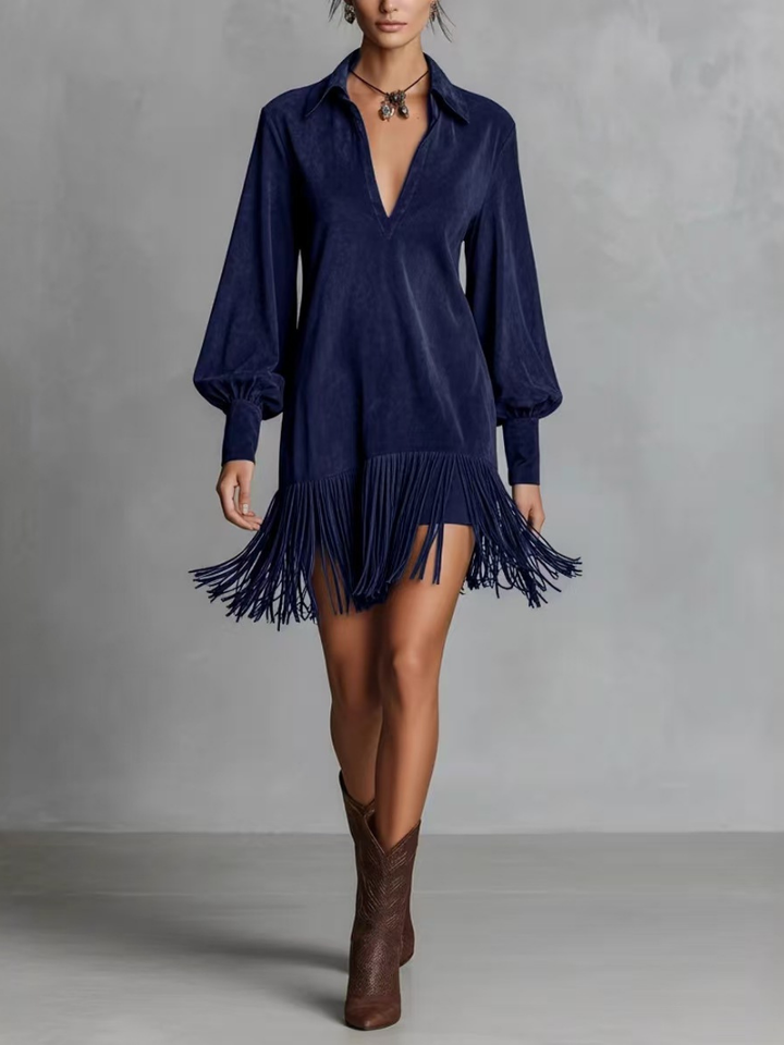 VALERIA – Fringe Hem V-Neck Mini Dress