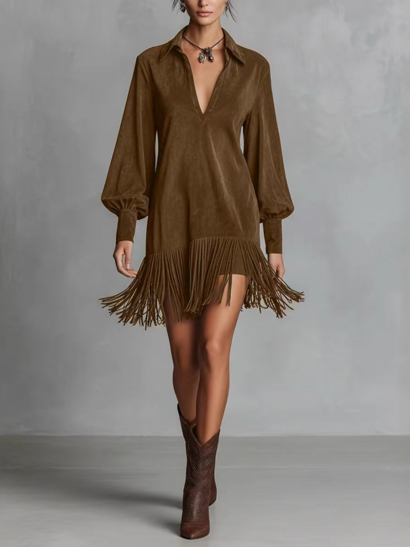 VALERIA – Fringe Hem V-Neck Mini Dress
