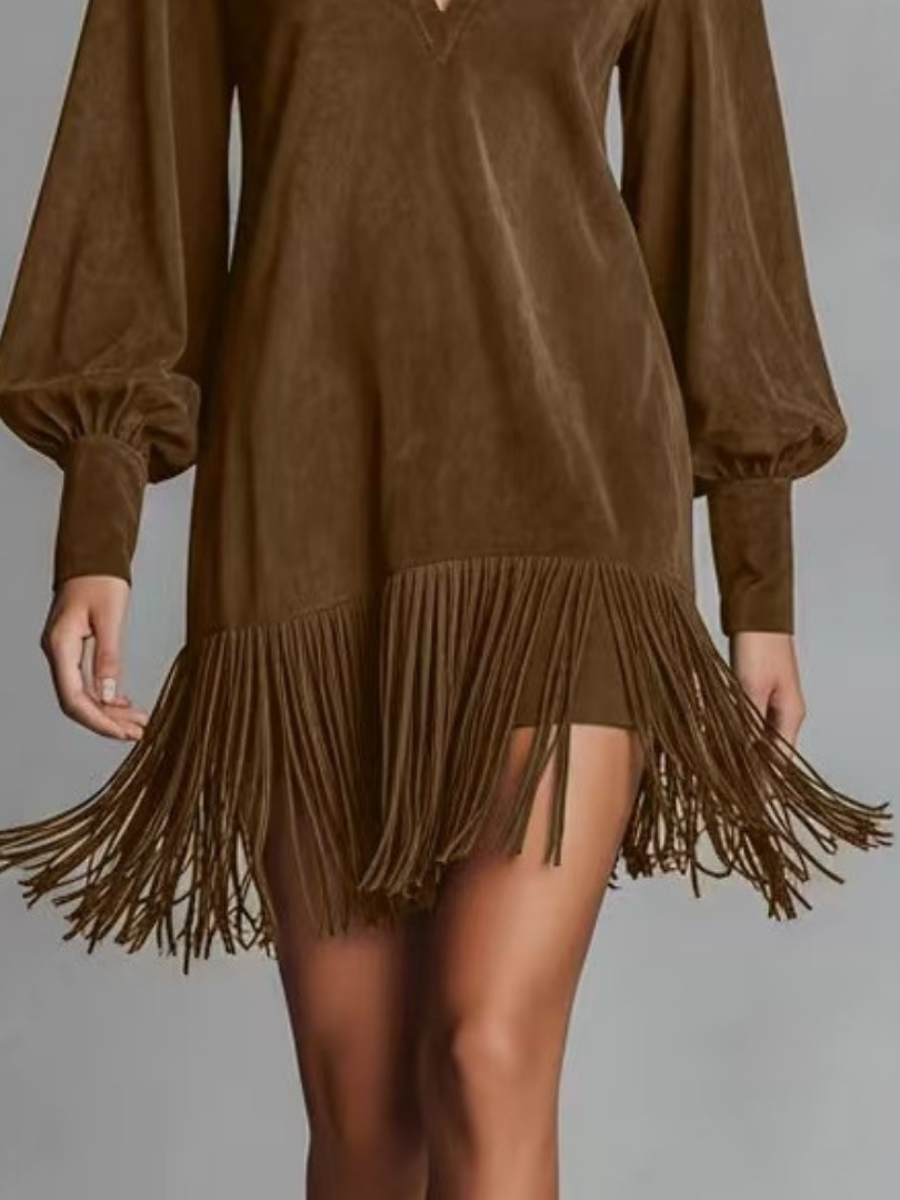 VALERIA – Fringe Hem V-Neck Mini Dress