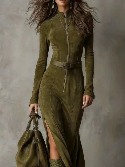VALERIA - Suede Long Sleeve Midi Dress