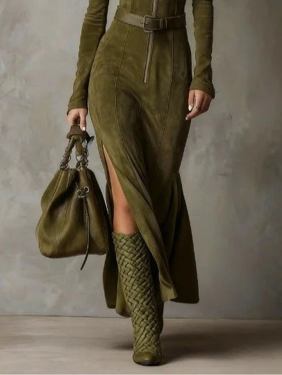 VALERIA - Suede Long Sleeve Midi Dress